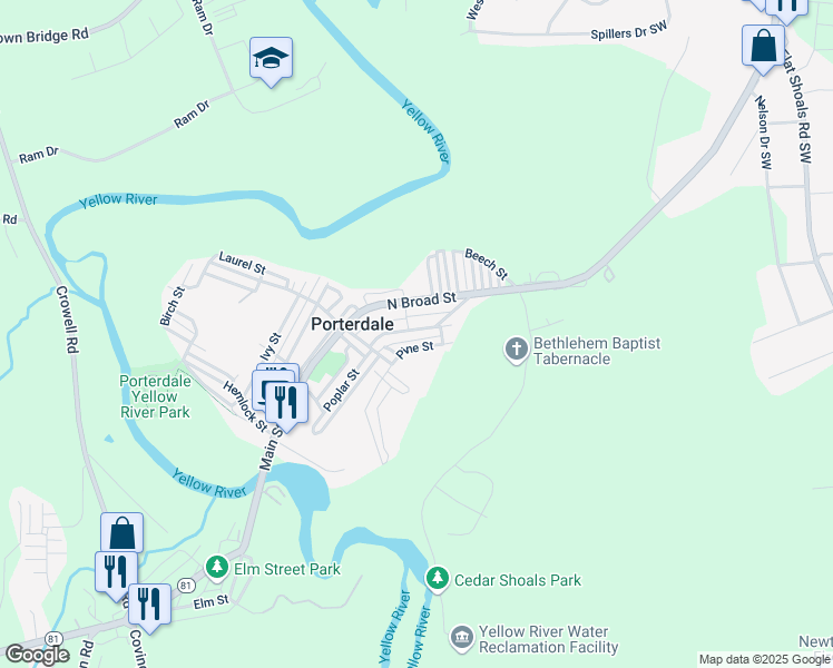 map of restaurants, bars, coffee shops, grocery stores, and more near 66 Poplar Street in Porterdale
