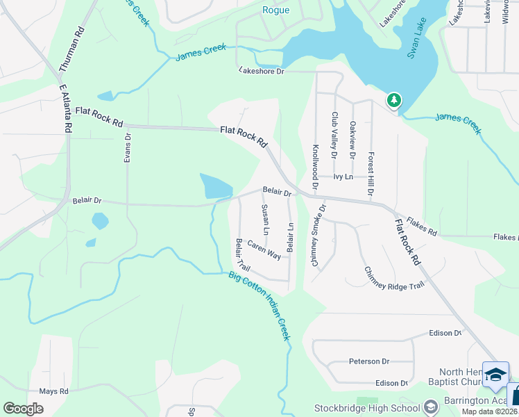 map of restaurants, bars, coffee shops, grocery stores, and more near 107 Susan Lane in Stockbridge