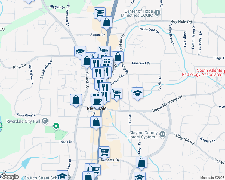 map of restaurants, bars, coffee shops, grocery stores, and more near 645 Lassiter Street in Riverdale