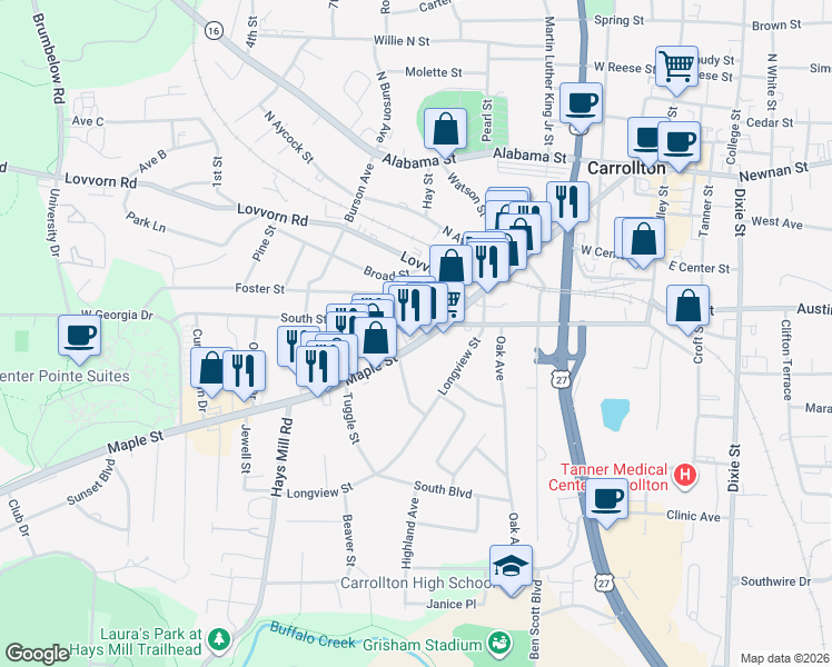 map of restaurants, bars, coffee shops, grocery stores, and more near 819 Maple Street in Carrollton