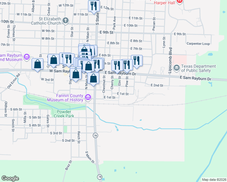 map of restaurants, bars, coffee shops, grocery stores, and more near 200 Cherry Street in Bonham