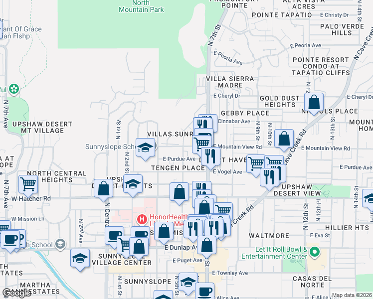 map of restaurants, bars, coffee shops, grocery stores, and more near 520 East Purdue Avenue in Phoenix