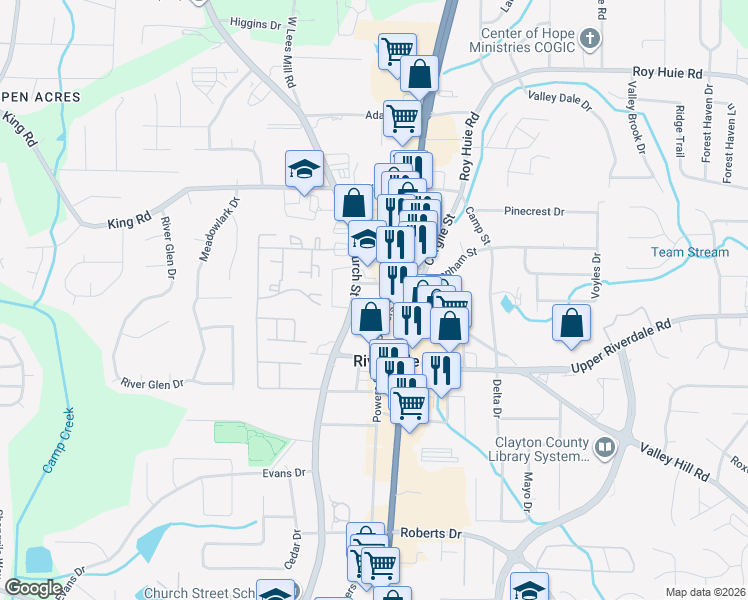 map of restaurants, bars, coffee shops, grocery stores, and more near 6580 Church Street in Riverdale
