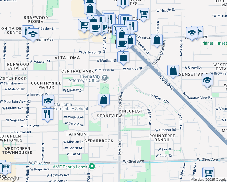 map of restaurants, bars, coffee shops, grocery stores, and more near 8351 West Cinnabar Avenue in Peoria