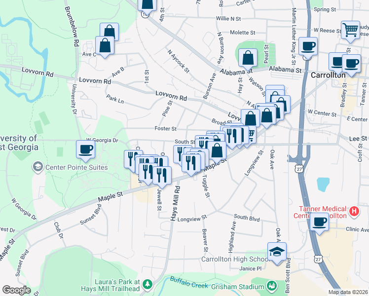 map of restaurants, bars, coffee shops, grocery stores, and more near 611 Burson Avenue in Carrollton
