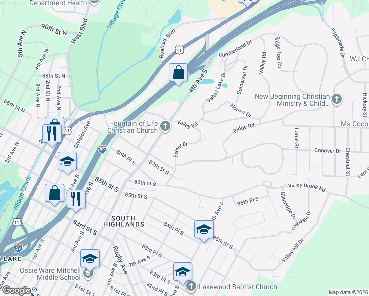 map of restaurants, bars, coffee shops, grocery stores, and more near 433 Exeter Drive in Birmingham