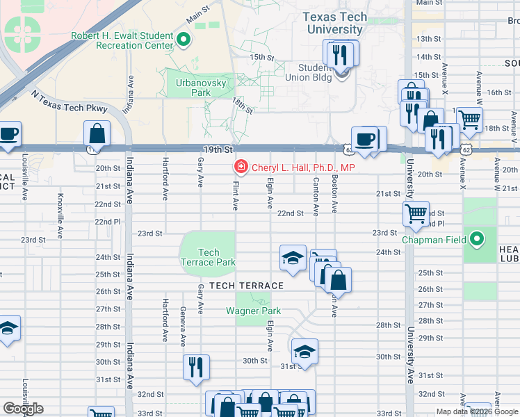 map of restaurants, bars, coffee shops, grocery stores, and more near 3009 22nd Street in Lubbock