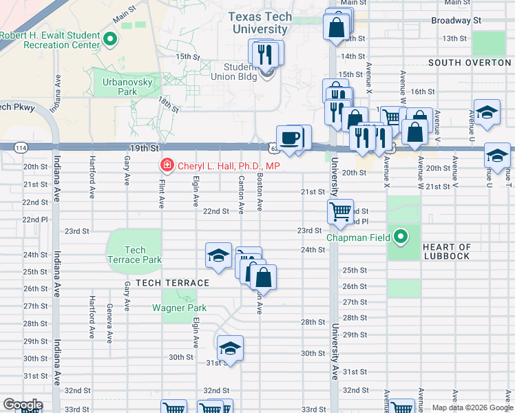 map of restaurants, bars, coffee shops, grocery stores, and more near 2701 22nd Street in Lubbock