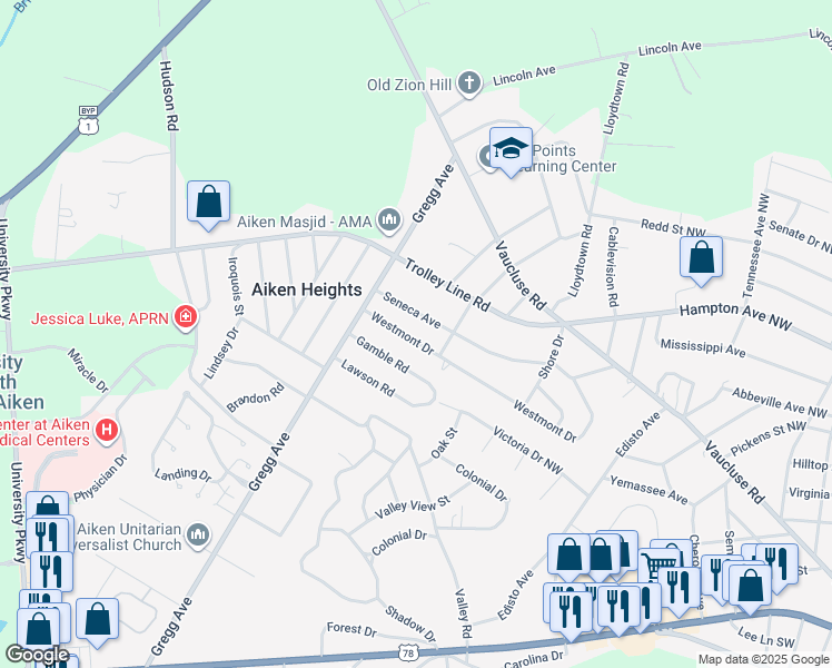 map of restaurants, bars, coffee shops, grocery stores, and more near 3508 Westmont Drive in Aiken
