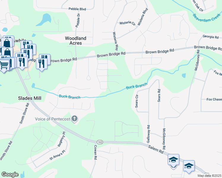 map of restaurants, bars, coffee shops, grocery stores, and more near 215 Amberjack Trail in Covington