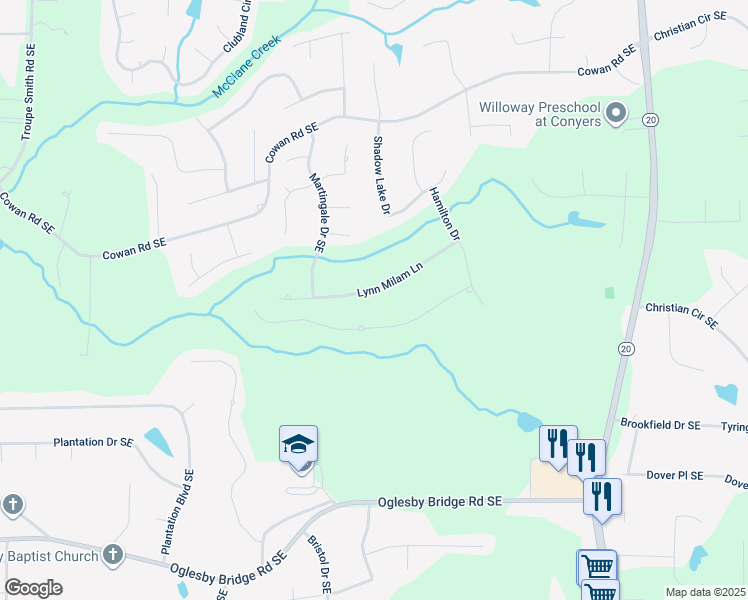 map of restaurants, bars, coffee shops, grocery stores, and more near 749 Lynn Milam Lane in Conyers