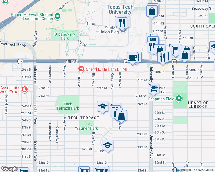 map of restaurants, bars, coffee shops, grocery stores, and more near 2808 22nd Street in Lubbock