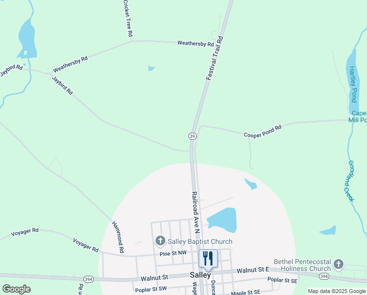 map of restaurants, bars, coffee shops, grocery stores, and more near 100 Jaybird Road in Salley