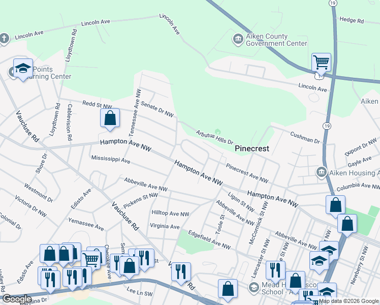 map of restaurants, bars, coffee shops, grocery stores, and more near 723 Washington Circle in Aiken