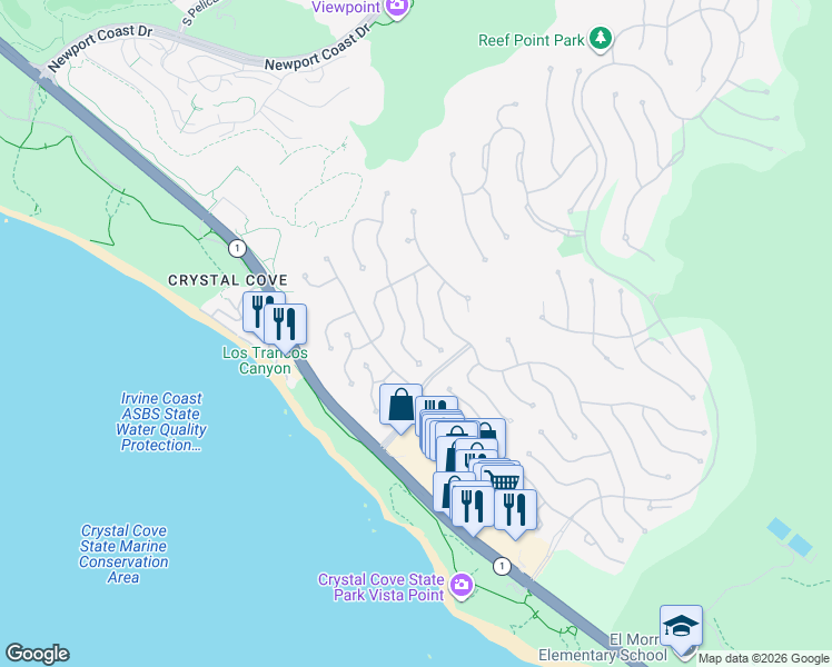 map of restaurants, bars, coffee shops, grocery stores, and more near 18 Tasman Sea in Newport Beach