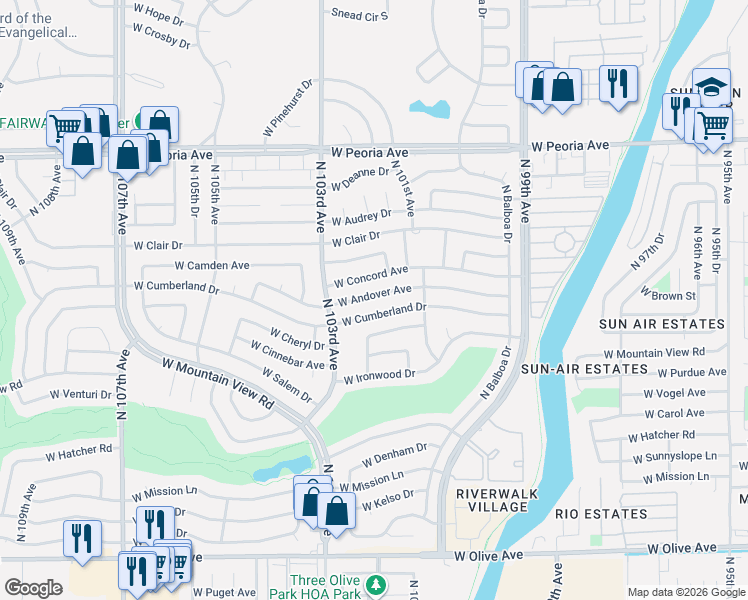map of restaurants, bars, coffee shops, grocery stores, and more near 10201 West Andover Avenue in Sun City