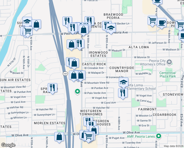 map of restaurants, bars, coffee shops, grocery stores, and more near 9026 West Ironwood Drive in Peoria
