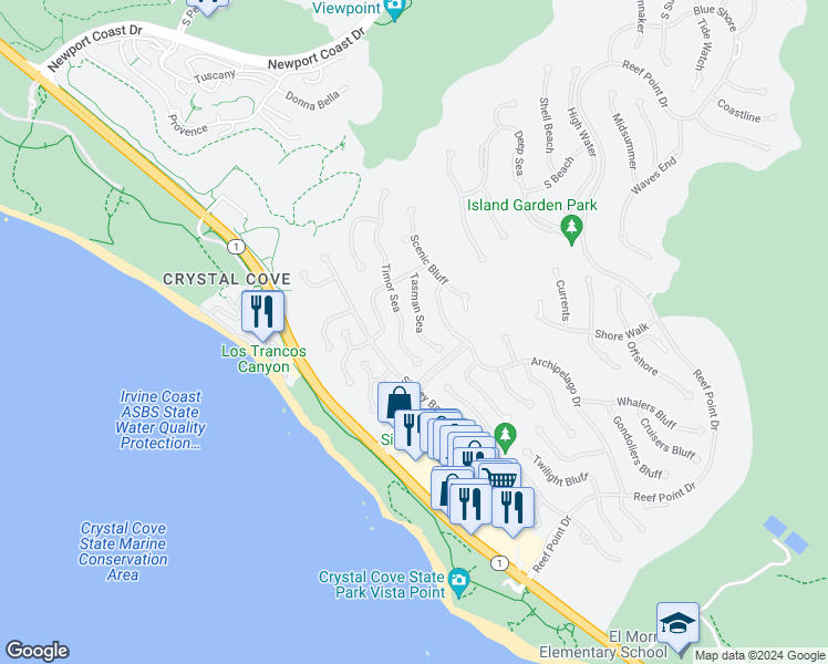 map of restaurants, bars, coffee shops, grocery stores, and more near 18 Tasman Sea in Newport Beach
