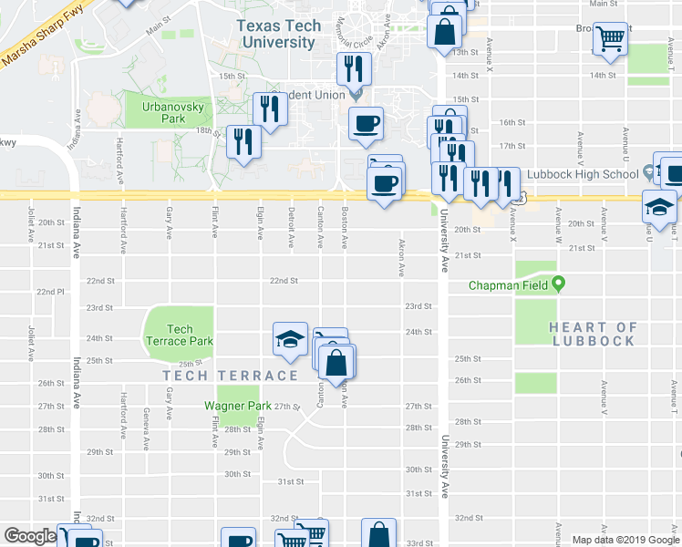 map of restaurants, bars, coffee shops, grocery stores, and more near 2702 22nd Street in Lubbock