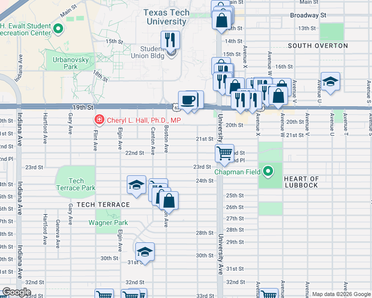 map of restaurants, bars, coffee shops, grocery stores, and more near 2617 22nd Street in Lubbock