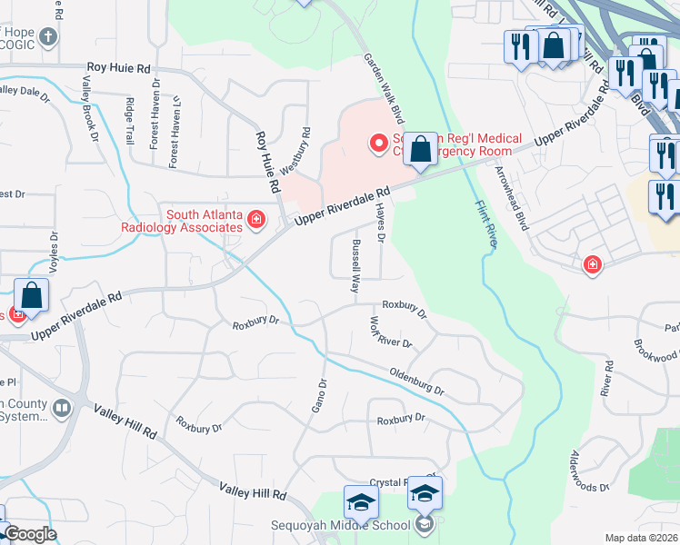 map of restaurants, bars, coffee shops, grocery stores, and more near 83 McFerrin Circle in Riverdale