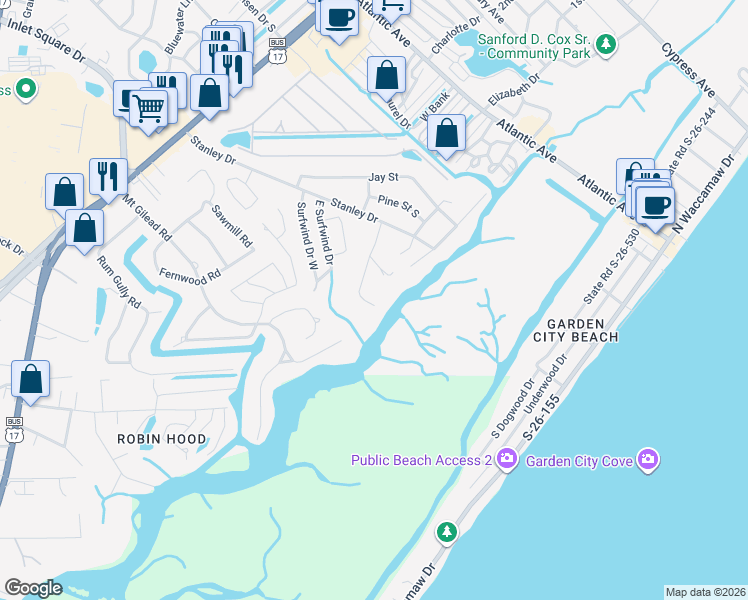 map of restaurants, bars, coffee shops, grocery stores, and more near 465 Vereen Road in Murrells Inlet
