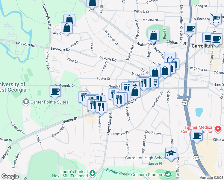 map of restaurants, bars, coffee shops, grocery stores, and more near 609 Burson Avenue in Carrollton