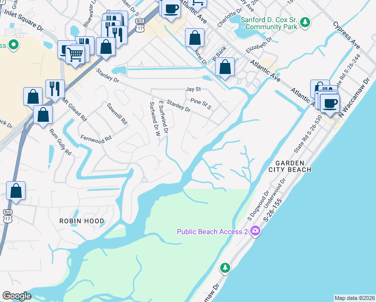map of restaurants, bars, coffee shops, grocery stores, and more near 5 Mount Gilead Road in Murrells Inlet