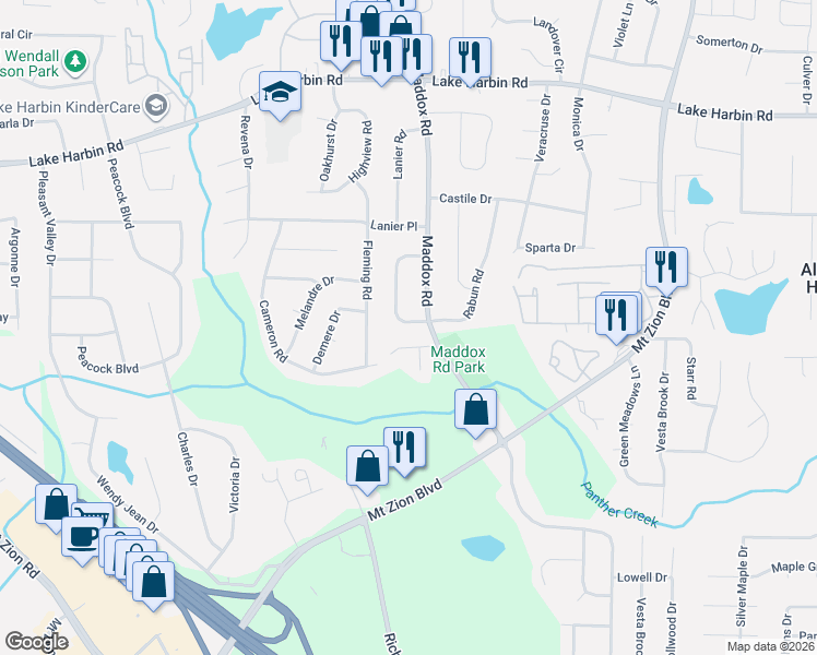 map of restaurants, bars, coffee shops, grocery stores, and more near 6589 Allatoona Road in Morrow