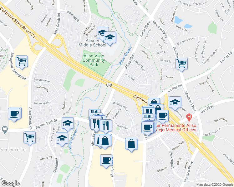 map of restaurants, bars, coffee shops, grocery stores, and more near 19 Abbeywood Lane in Aliso Viejo