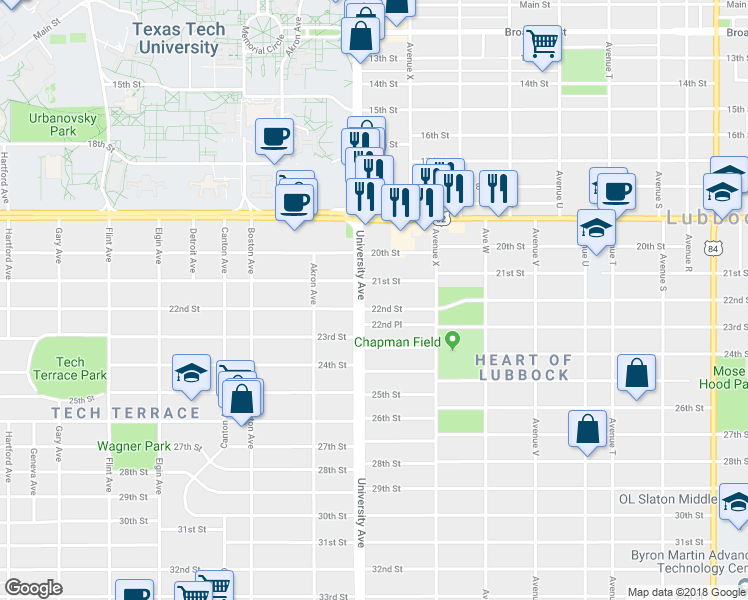 map of restaurants, bars, coffee shops, grocery stores, and more near 2425 22nd Street in Lubbock