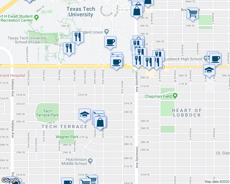 map of restaurants, bars, coffee shops, grocery stores, and more near 2617 22nd Street in Lubbock