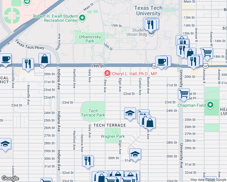 map of restaurants, bars, coffee shops, grocery stores, and more near 3009 22nd Street in Lubbock