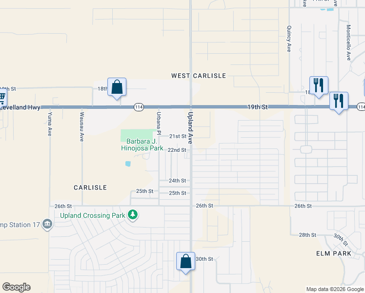 map of restaurants, bars, coffee shops, grocery stores, and more near 2202 Upland Avenue in Lubbock