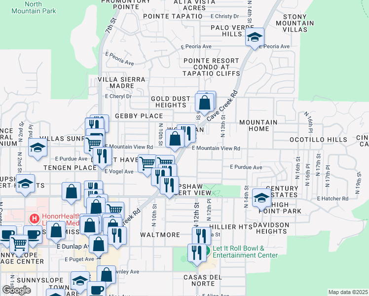 map of restaurants, bars, coffee shops, grocery stores, and more near in Phoenix