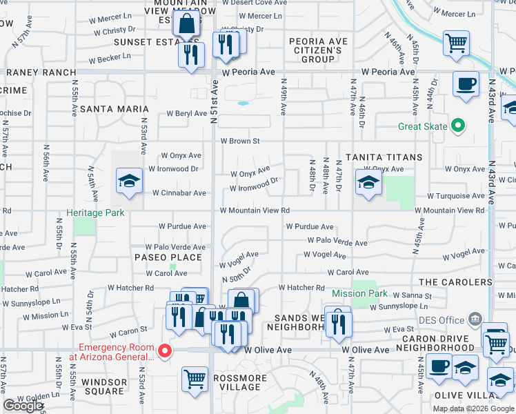 map of restaurants, bars, coffee shops, grocery stores, and more near 4919 West Mountain View Road in Glendale