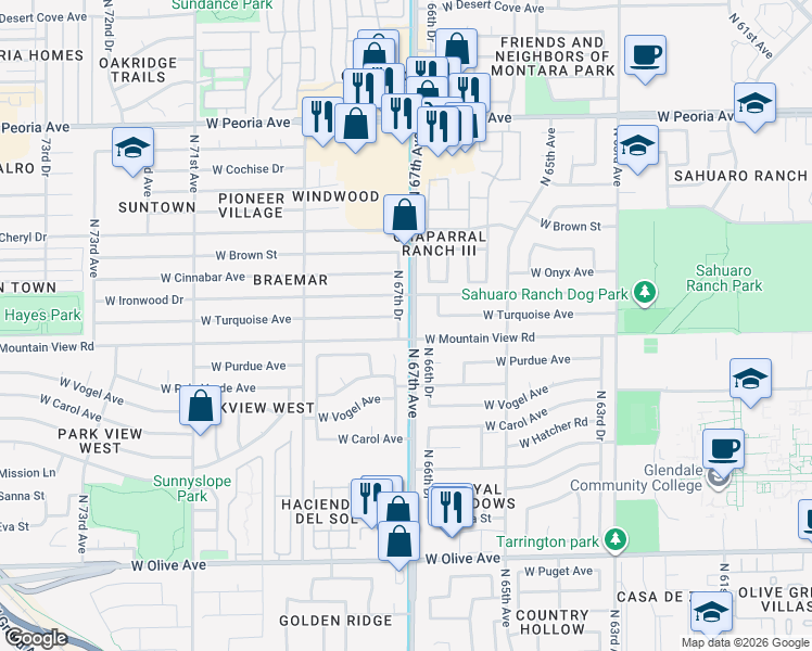 map of restaurants, bars, coffee shops, grocery stores, and more near in Peoria