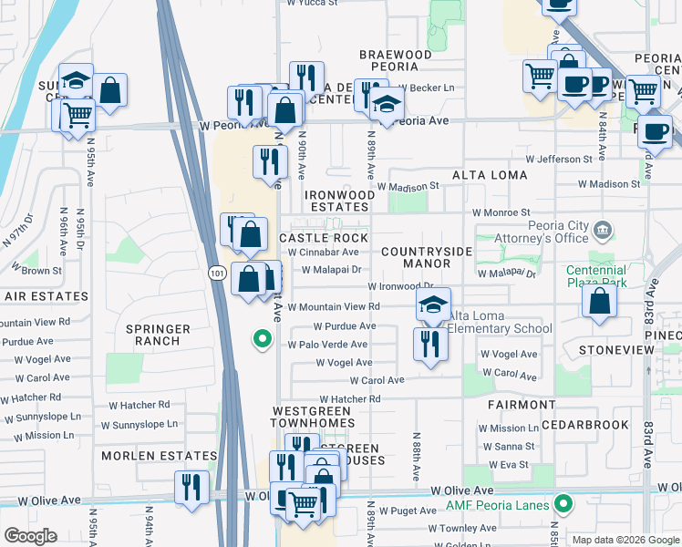 map of restaurants, bars, coffee shops, grocery stores, and more near 8944 West Ironwood Drive in Peoria