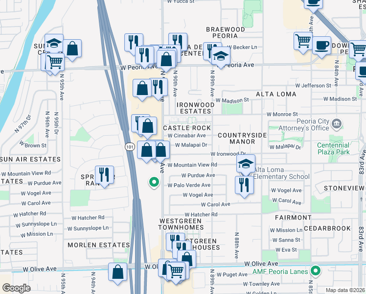 map of restaurants, bars, coffee shops, grocery stores, and more near 9026 West Ironwood Drive in Peoria