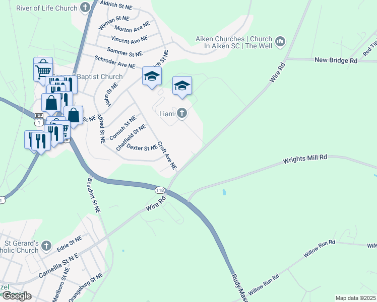 map of restaurants, bars, coffee shops, grocery stores, and more near 8000 Canvas Back Circle in Aiken