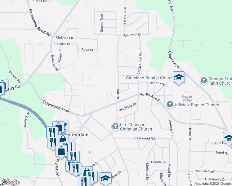 map of restaurants, bars, coffee shops, grocery stores, and more near 1615 Sue Drive in Birmingham