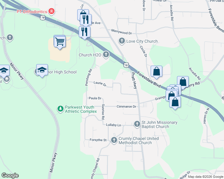 map of restaurants, bars, coffee shops, grocery stores, and more near 2104 Overhill Drive in Birmingham