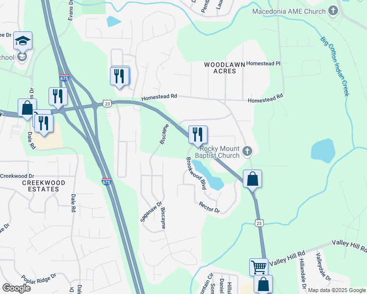 map of restaurants, bars, coffee shops, grocery stores, and more near 3639 Brookwood Boulevard in Rex