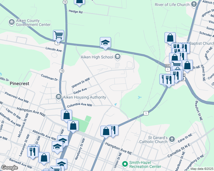 map of restaurants, bars, coffee shops, grocery stores, and more near 180 Claflin Drive in Aiken