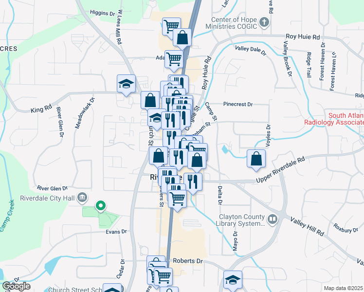 map of restaurants, bars, coffee shops, grocery stores, and more near 6580 Georgia 85 in Riverdale