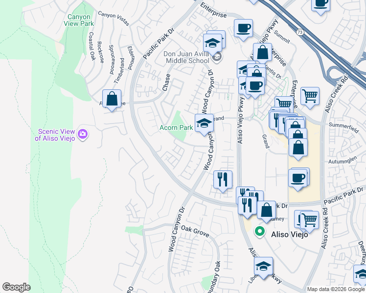map of restaurants, bars, coffee shops, grocery stores, and more near 3 Aurora in Aliso Viejo