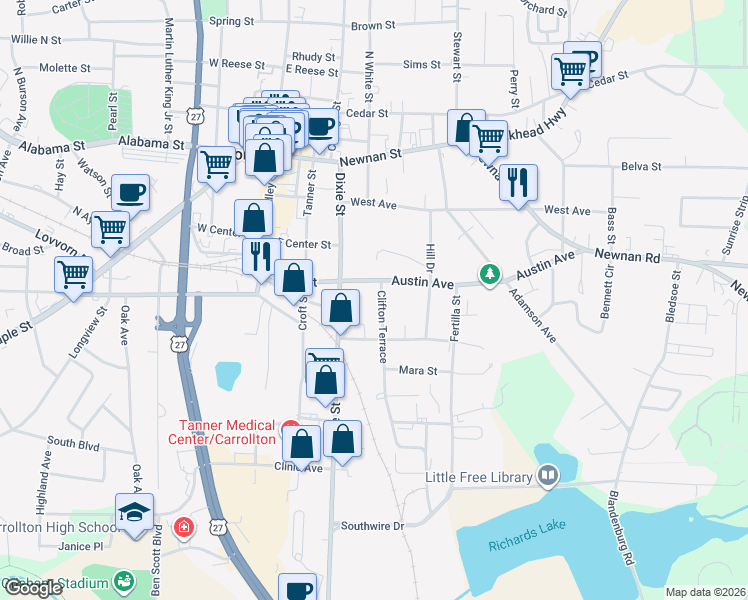 map of restaurants, bars, coffee shops, grocery stores, and more near 115 Clifton Terrace in Carrollton