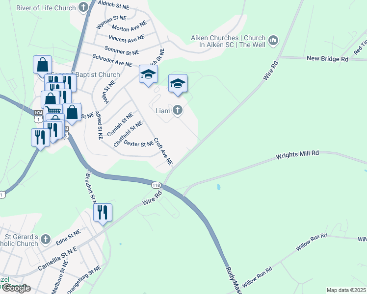 map of restaurants, bars, coffee shops, grocery stores, and more near 8000 Canvas Back Circle in Aiken