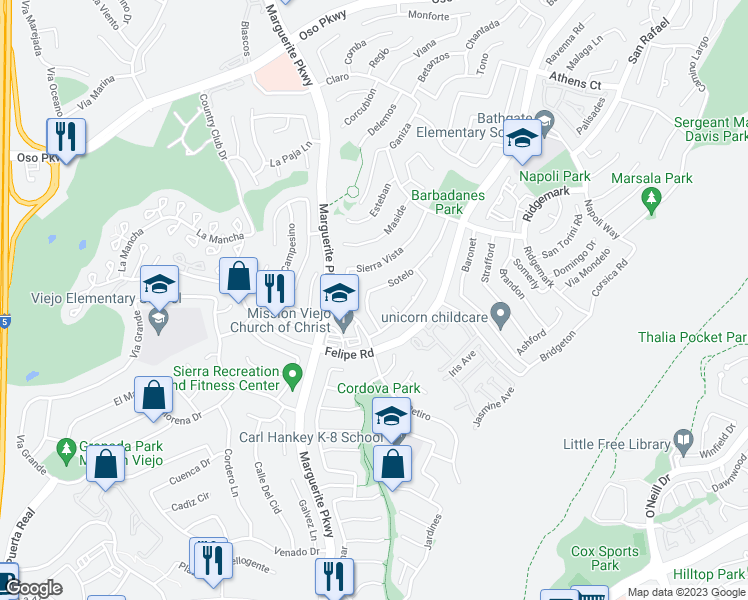 map of restaurants, bars, coffee shops, grocery stores, and more near 26712 Sotelo in Mission Viejo