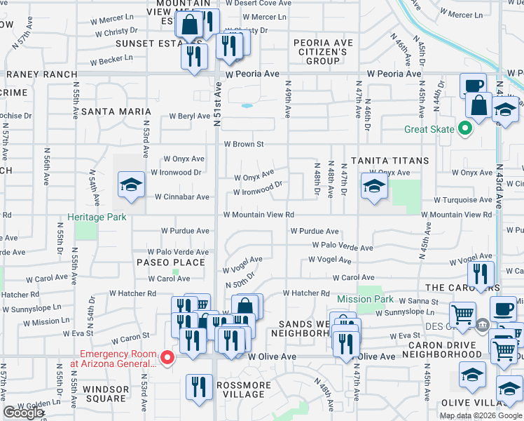 map of restaurants, bars, coffee shops, grocery stores, and more near 4919 West Mountain View Road in Glendale